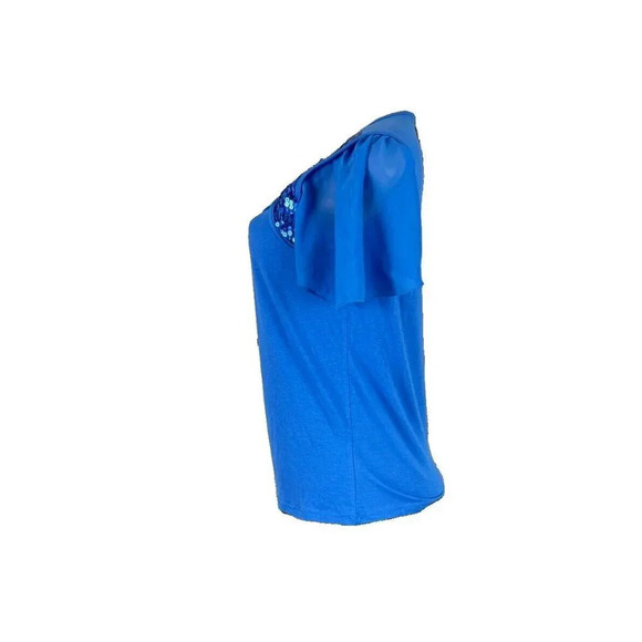 Once Again M Blue Square Neckline Sequin Accent Mesh Short Sleeve Top - Picture 5 of 6